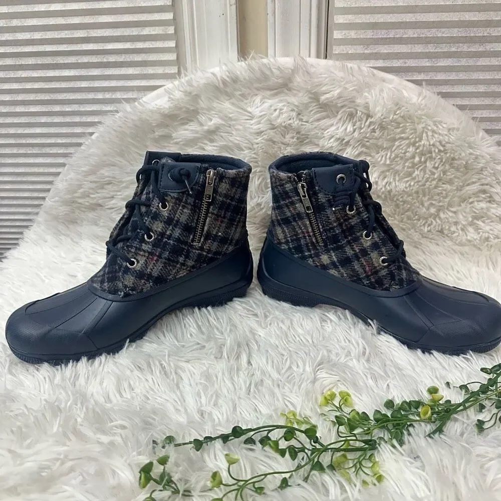 SPERRY Saltwater Wool Plaid Blue Duck Winter Rain‎ Ankle Boots Side Zip sz 8 NEW
